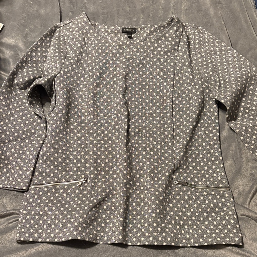 Talbots Gray Shimming Polka Dot Blouse